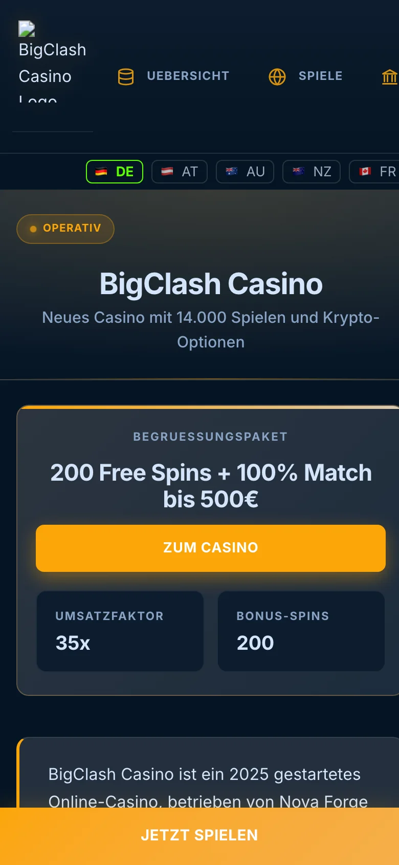 BigClash Casino mobile lobby screenshot